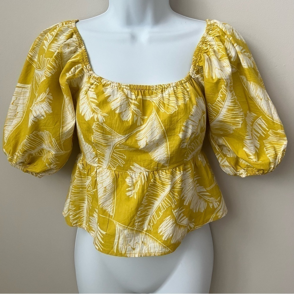 Sim & Sam Palm Print Cropped Top Puff Sleeve Yellow Chartreuse Tropical Boho S